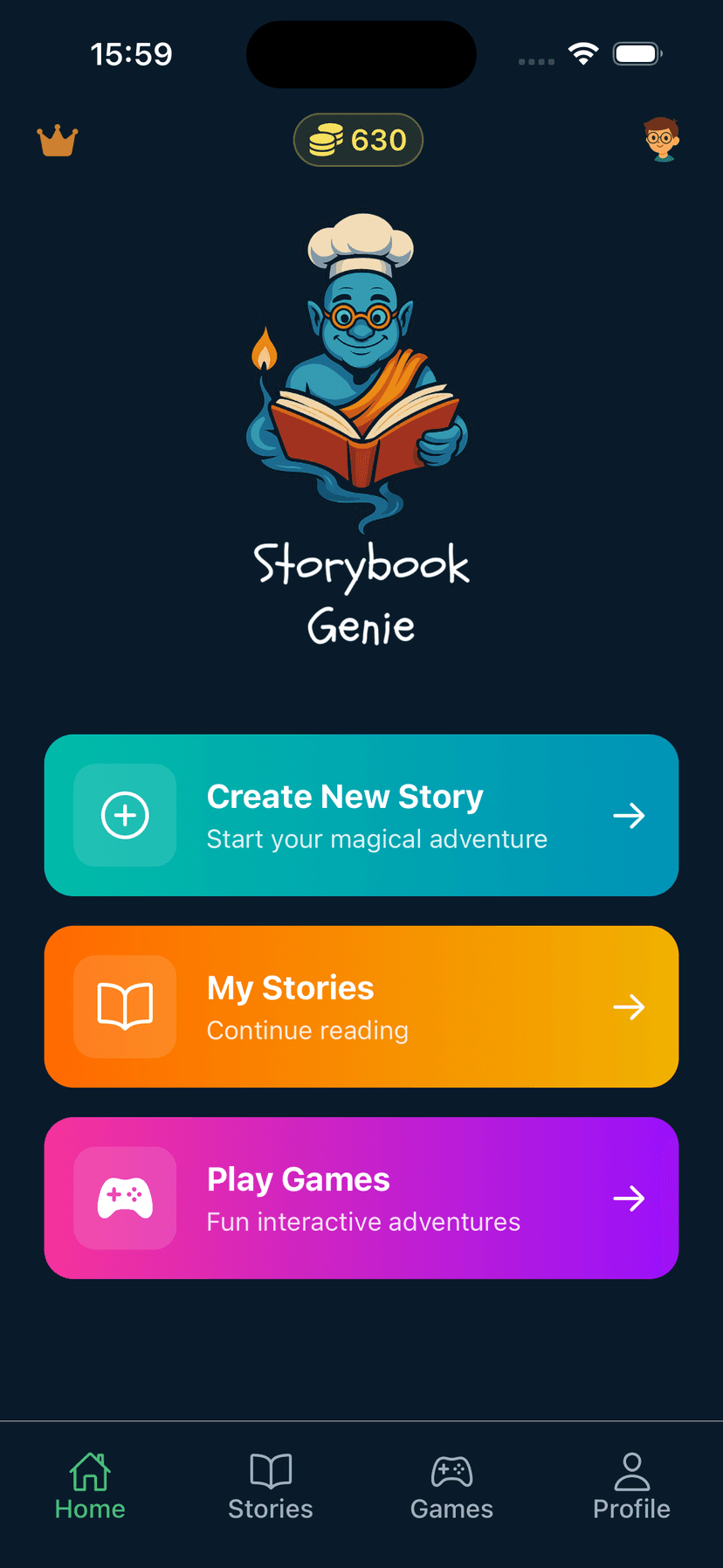 Storybook Genie app home screen